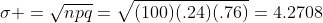 \sigma =\sqrt{npq}=\sqrt{(100)(.24)(.76)}=4.2708