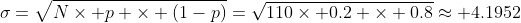 \sigma=\sqrt{N\times p \times (1-p)}=\sqrt{110\times 0.2 \times 0.8}\approx 4.1952
