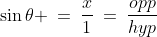 \sin\theta \:=\:\frac{x}{1}\:=\:\frac{opp}{hyp}