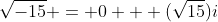 \sqrt{-15} = 0 + (\sqrt{15})i