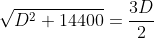 \sqrt{D^2+14400}=\frac{3D}{2}