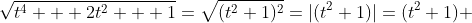 \sqrt{t^4 + 2t^2 + 1}=\sqrt{(t^2+1)^2}=|(t^2+1)|=(t^2+1) 