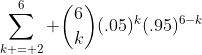 \sum\limits_{k = 2}^6 {\binom{6}{k}(.05)^k(.95)^{6-k}}