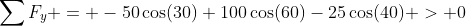 \sum{F_y} = -50\cos(30)+100\cos(60)-25\cos(40) > 0