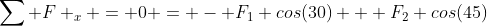 \sum F _x = 0 = - F_1 cos(30) + F_2 cos(45)