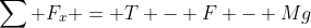 \sum F_x = T - F - Mg~sin(\theta) = 0