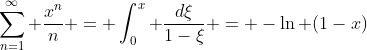 \sum_{n=1}^{\infty} \frac{x^{n}}{n} = \int_{0}^{x} \frac{d\xi}{1-\xi} = -\ln (1-x)