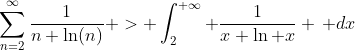 \sum_{n=2}^{\infty}\frac{1}{n \ln(n)} > \int_2^{+\infty} \frac{1}{x \ln x} \, dx