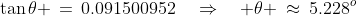 \tan\theta \,=\,0.091500952\quad\Rightarrow\quad \theta \:\approx\:5.228^o