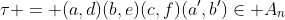 \tau = (a,d)(b,e)(c,f)(a',b')\in A_n