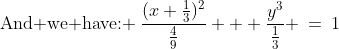 \text{And we have: }\:\frac{(x+\frac{1}{3})^2}{\frac{4}{9}} + \frac{y^3}{\frac{1}{3}} \:=\:1