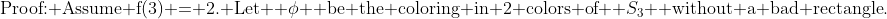 \text{Proof: Assume f(3) = 2. Let } \phi \text{ be the coloring in 2 colors of } S_3 \text{ without a bad rectangle.}