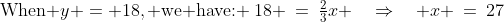 \text{When }y = 18,\text{ we have: }\:18 \:=\:\tfrac{2}{3}x \quad\Rightarrow\quad x \:=\:27