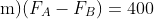 (1.5\;\text{m})(F_A-F_B)=400\;\text{N}\cdot\text{m}