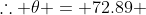 \therefore \theta = 72.89 