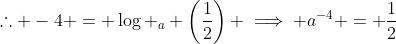 \therefore -4 = \log _a \left(\frac12\right) \implies a^{-4} = \frac12