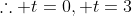 \therefore t=0, t=3