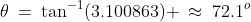 \theta\:=\:\tan^{-1}(3.100863) \:\approx\:72.1^o