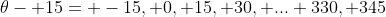 \theta- 15= -15, 0, 15, 30, ... 330, 345