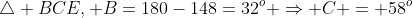 \triangle BCE, B=180-148=32^o \Rightarrow C = 58^o