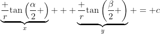 \underbrace{\dfrac r{\tan\left(\frac{\alpha}{2} \right)}}_{x} + \underbrace{\dfrac r{\tan\left(\frac{\beta}{2} \right)}}_{y} = c