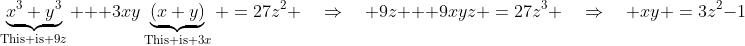 \underbrace{x^3+y^3}_{\text{This is }9z} + 3xy\underbrace{(x+y)}_{\text{This is }3x} \:=\:27z^2 \quad\Rightarrow\quad 9z + 9xyz \:=\:27z^3 \quad\Rightarrow\quad xy \:=\:3z^2-1