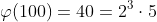 \varphi(100)=40=2^3\cdot5