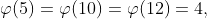 \varphi(5)=\varphi(10)=\varphi(12)=4,