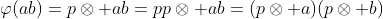 \varphi(ab)=p\otimes ab=pp\otimes ab=(p\otimes a)(p\otimes b)