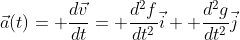 \vec{a}(t)= \frac{d\vec{v}}{dt}= \frac{d^2f}{dt^2}\vec{i}+ \frac{d^2g}{dt^2}\vec{j}