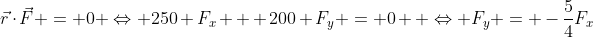 \vec{r}\cdot\vec{F} = 0 \Leftrightarrow 250 F_x + 200 F_y = 0  \Leftrightarrow F_y = -\frac{5}{4}F_x