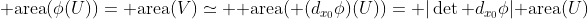 {\rm area}(\phi(U))={\rm area}(V)\simeq {\rm area}( (d_{x_0}\phi)(U))= |\det d_{x_0}\phi|{\rm area}(U)
