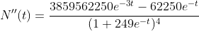 {N''(t)}=\displaystyle{\frac{3859562250e^{-3t}-62250e^{-t}}{(1+249e^{-t})^{4}}}