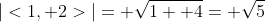 |<1, 2>|= \sqrt{1+ 4}= \sqrt{5}