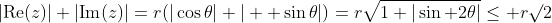 |\mathrm{Re}(z)|+|\mathrm{Im}(z)|=r(|\cos\theta|+|  \sin\theta|)=r\sqrt{1+|\sin 2\theta|}\leq r\surd2