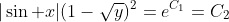 |\sin x|(1-\sqrt{y})^2=e^{C_1}=C_2