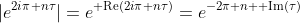 |e^{2i\pi n\tau}|=e^{{\rm Re}(2i\pi n\tau)}=e^{-2\pi n {\rm Im}(\tau)}