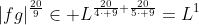 |fg|^{\frac{20}9}\in L^{\frac{20}{4\cdot 9}+\frac{20}{5\cdot 9}}=L^1