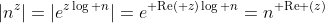 |n^z|=|e^{z\log n}|=e^{{\rm Re}( z)\log n}=n^{{\rm Re} (z)}