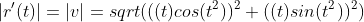 |r'(t)|=|v|=sqrt(((t)cos(t^2))^2+((t)sin(t^2))^2)