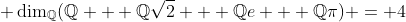  \dim_{\mathbb{Q}}(\mathbb{Q} + \mathbb{Q}\sqrt2 + \mathbb{Q}e + \mathbb{Q}\pi) = 4