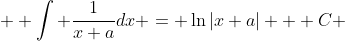  \displaystyle \int \frac{1}{x+a}dx = \ln{|x+a|} + C 