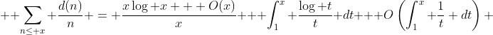  \displaystyle \sum_{n\leq x} \frac{d(n)}n = \frac{x\log x + O(x)}x + \int_1^x \frac{\log t}t dt + O\left(\int_1^x \frac1t dt\right) 