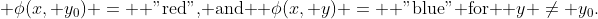  \phi(x, y_0) = \text{ "red", and } \phi(x, y) = \text{ "blue" for } y \ne y_0.