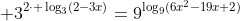  3^{2\cdot \log_3(2-3x)}=9^{\log_9(6x^2-19x+2)}
