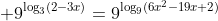  9^{\log_3(2-3x)}=9^{\log_9(6x^2-19x+2)}