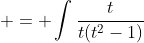 \displaystyle \begin{aligned} I_{1} & = \int\frac{t}{t(t^2-1)}\;{dt} \\& =  \int\frac{1}{(t-1)(t+1)}\;{dt} \\ & = \frac{1}{2}\int \frac{(t+1)-(t-1)}{(t+1)(t-1)}\;{dt} \\& = \frac{1}{2}\int\frac{1}{t-1}\;{dt}-\frac{1}{2}\int\frac{1}{t+1}\;{dt} \\& = \frac{1}{2}\ln(t-1)-\frac{1}{2}\ln(t+1)+k \\ & = \frac{1}{2}\ln\left\{\frac{t-1}{t+1}\right\}+k \\ & = \frac{1}{2}\ln\left\{\frac{\sqrt{1+e^{2x}}-1}{\sqrt{1+e^{2x}}+1}\right\}+k_{1}. \end{aligned} 