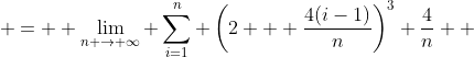 \begin{aligned} \int_2^6 x^3 dx & =  \lim_{n \to \infty} \sum_{i=1}^n \left(2 + \frac{4(i-1)}{n}\right)^3 \frac{4}{n} \\ & = \lim_{n \to \infty} \frac{4}{n} \sum_{i=1}^n \left(4 + \frac{48(i-1)}{n} + \frac{96(i-1)^2}{n^2} + \frac{64(i-1)^3}{n^3} \right) \\ & = \lim_{n \to \infty} \frac{4}{n} \left( \sum_{i = 1}^n 4 + \frac{48}{n}\sum_{i = 1}^n (i-1) + \frac{96}{n^2}\sum_{i = 1}^n (i-1)^2 + \frac{64}{n^3}\sum_{i = 1}^n(i-1)^3\right)  \end{aligned}