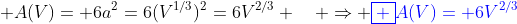  A(V)= 6a^2=6(V^{1/3})^2=6V^{2/3} \quad \Rightarrow {\color{blue}\boxed {A(V)= 6V^{2/3}}}