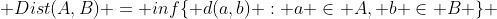  Dist(A,B) = inf\{ d(a,b) : a \in A, b \in B \} 